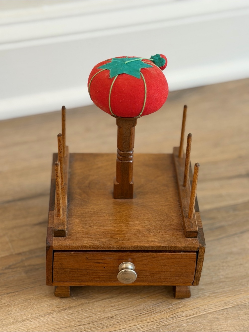 Vintage Wooden Sewing Thread Spool Holder Pin Cushion Storage Drawer Organizer